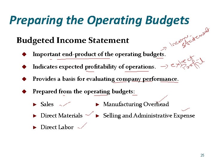 Preparing the Operating Budgets Budgeted Income Statement u Important end-product of the operating budgets.