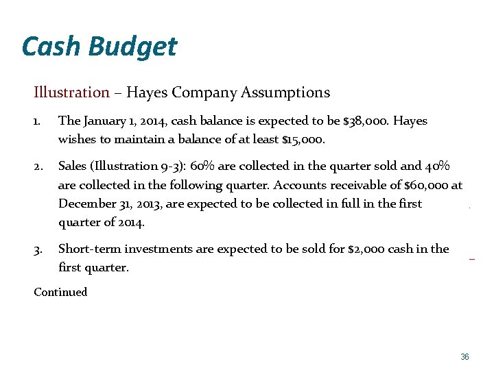 Cash Budget Illustration – Hayes Company Assumptions 1. The January 1, 2014, cash balance
