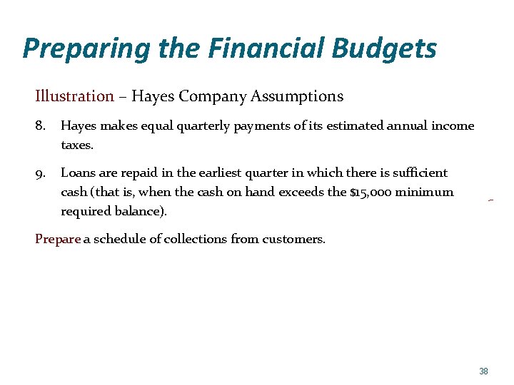 Preparing the Financial Budgets Illustration – Hayes Company Assumptions 8. Hayes makes equal quarterly