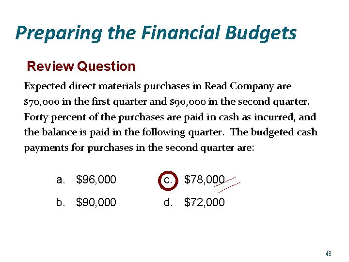 Preparing the Financial Budgets Review Question Expected direct materials purchases in Read Company are