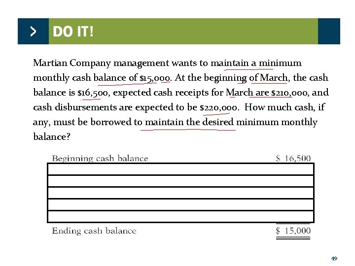 Martian Company management wants to maintain a minimum monthly cash balance of $15, 000.