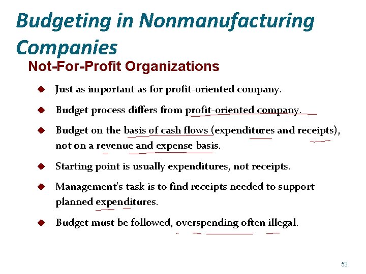 Budgeting in Nonmanufacturing Companies Not-For-Profit Organizations u Just as important as for profit-oriented company.