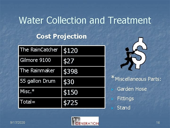 Water Collection and Treatment Cost Projection The Rain. Catcher $120 Gilmore 9100 $27 The