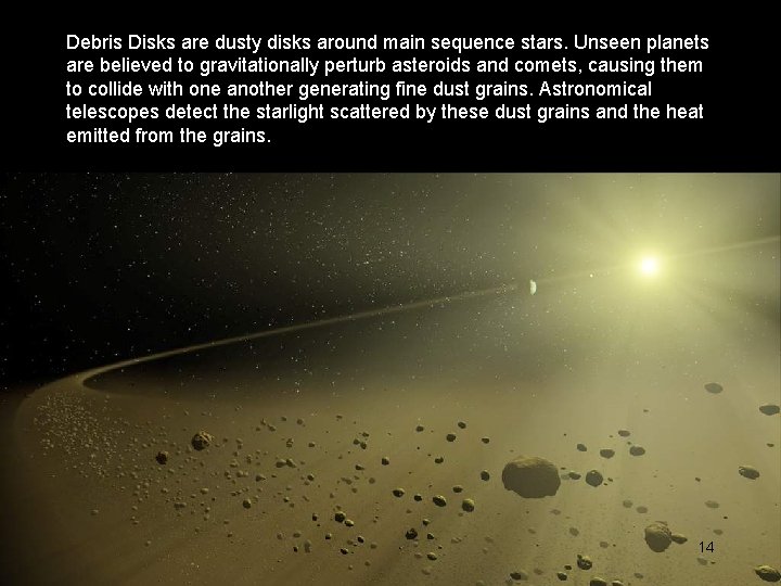 Debris Disks are dusty disks around main sequence stars. Unseen planets are believed to