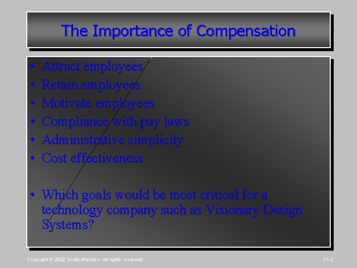 The Importance of Compensation • • • Attract employees Retain employees Motivate employees Compliance