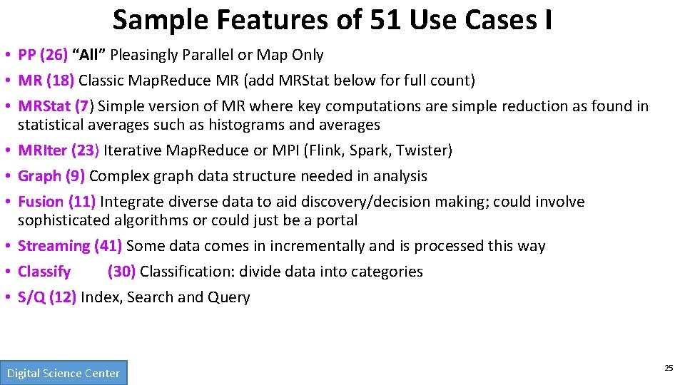 Sample Features of 51 Use Cases I • PP (26) “All” Pleasingly Parallel or