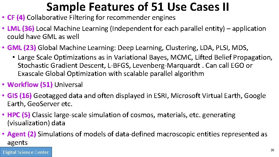 Sample Features of 51 Use Cases II • CF (4) Collaborative Filtering for recommender