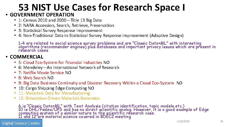 53 NIST Use Cases for Research Space I • GOVERNMENT OPERATION • • 1: