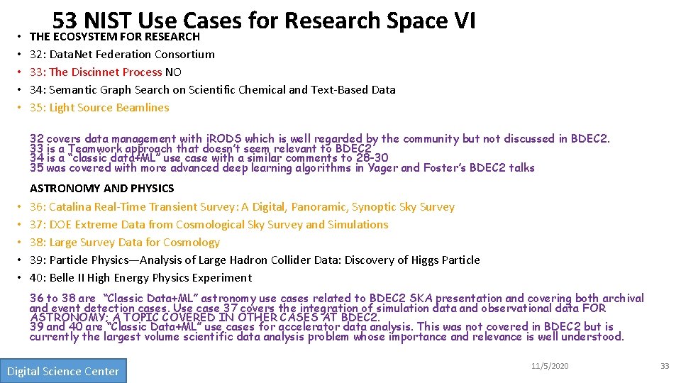  • • • 53 NIST Use Cases for Research Space VI THE ECOSYSTEM
