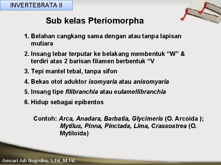 INVERTEBRATA II Sub kelas Pteriomorpha 1. Belahan cangkang sama dengan atau tanpa lapisan mutiara