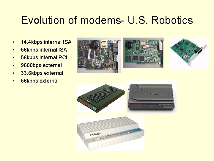Evolution of modems- U. S. Robotics • • • 14. 4 kbps internal ISA