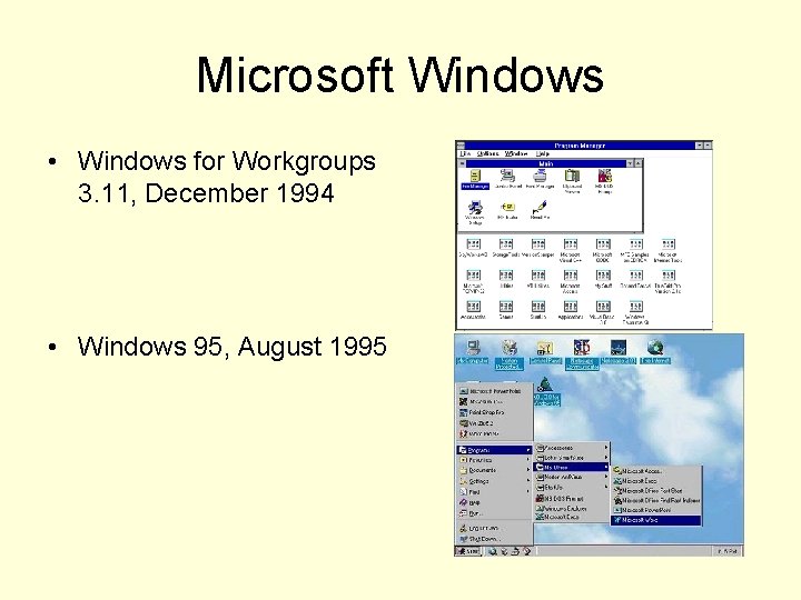 Microsoft Windows • Windows for Workgroups 3. 11, December 1994 • Windows 95, August