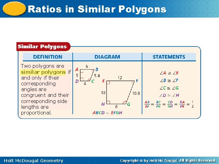 Ratios in Similar Polygons Two polygons are similar polygons if and only if their Ratios in Similar Polygons Two polygons are similar polygons if and only if their
