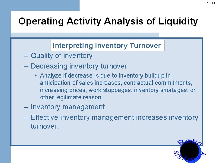 10 -13 Operating Activity Analysis of Liquidity Interpreting Inventory Turnover – Quality of inventory