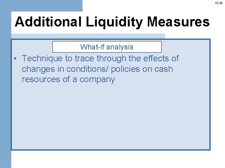 10 -20 Additional Liquidity Measures What-if analysis • Technique to trace through the effects