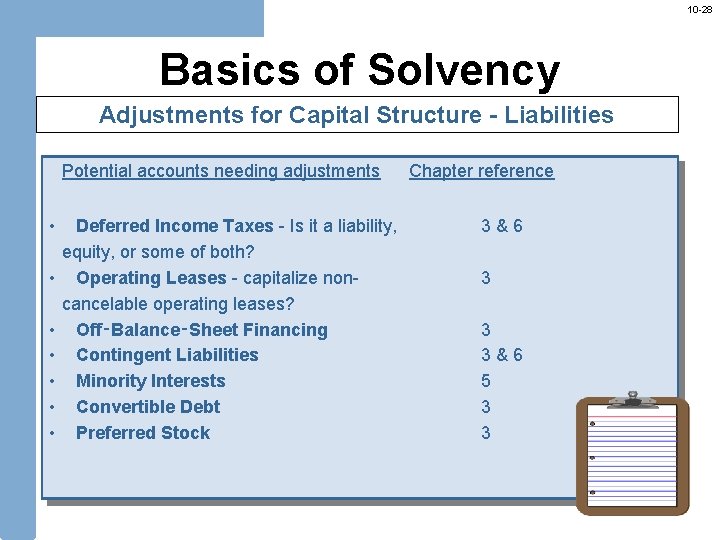 10 -28 Basics of Solvency Adjustments for Capital Structure - Liabilities Potential accounts needing