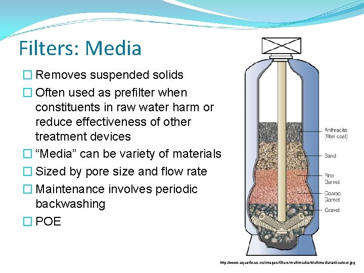 Filters: Media � Removes suspended solids � Often used as prefilter when constituents in