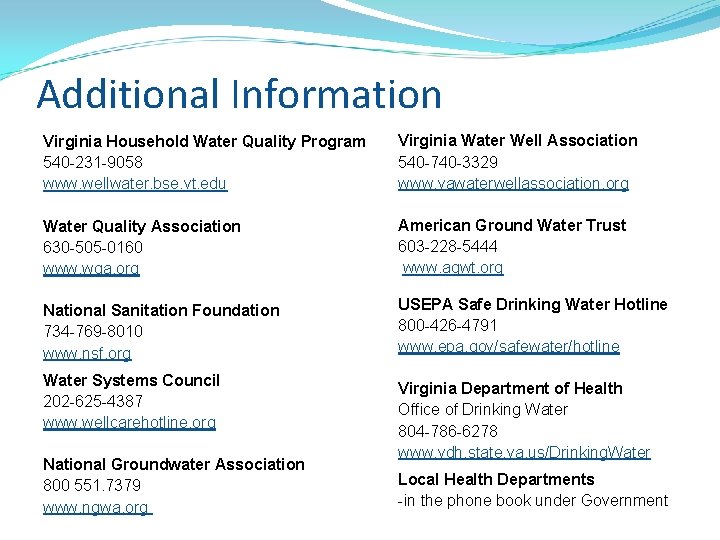Additional Information Virginia Household Water Quality Program 540 -231 -9058 www. wellwater. bse. vt.