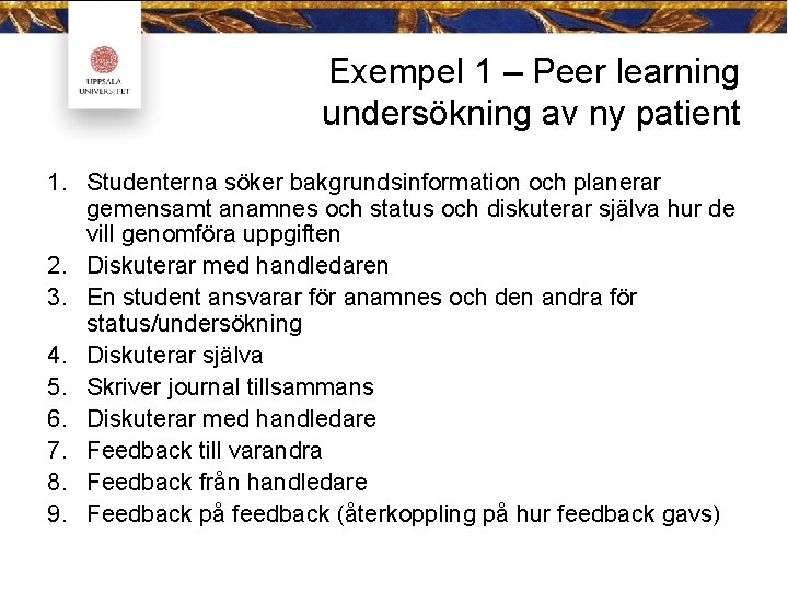 Exempel 1 – Peer learning undersökning av ny patient 1. Studenterna söker bakgrundsinformation och