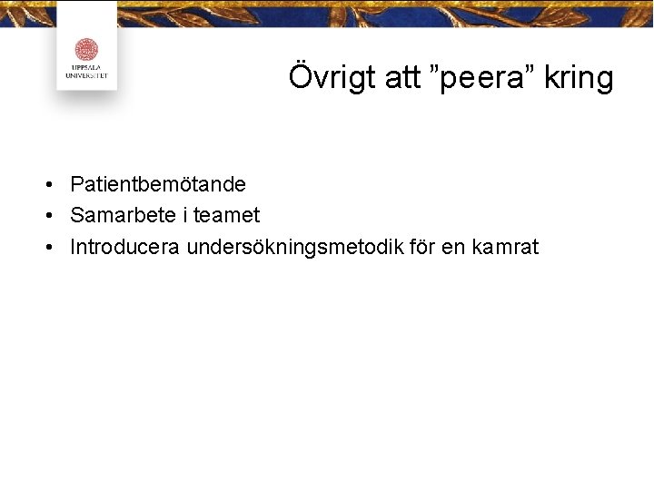 Övrigt att ”peera” kring • Patientbemötande • Samarbete i teamet • Introducera undersökningsmetodik för