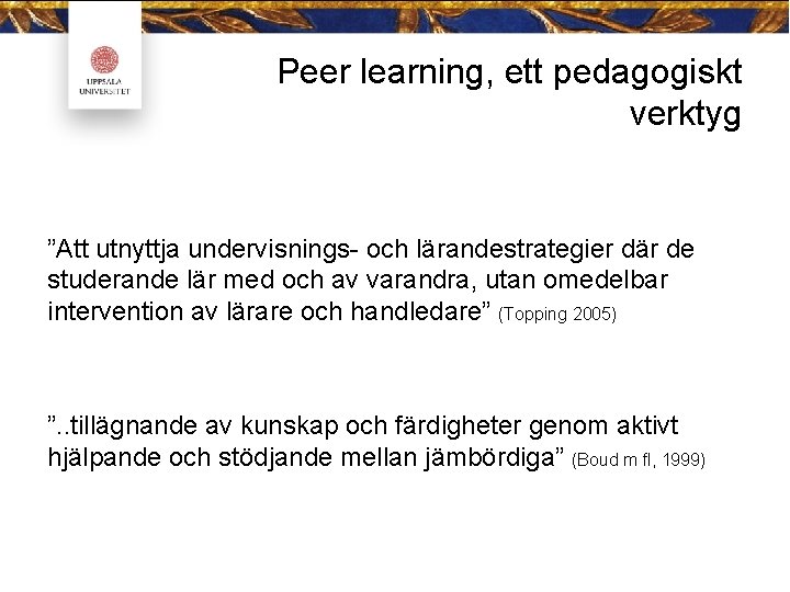 Peer learning, ett pedagogiskt verktyg ”Att utnyttja undervisnings- och lärandestrategier där de studerande lär