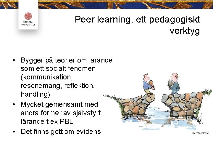 Peer learning, ett pedagogiskt verktyg • Bygger på teorier om lärande som ett socialt