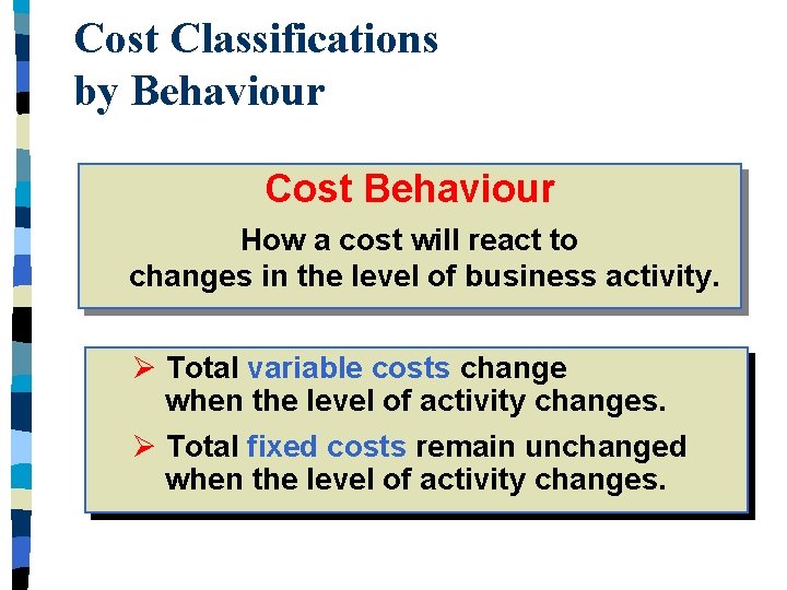 Cost Classifications by Behaviour Cost Behaviour How a cost will react to changes in