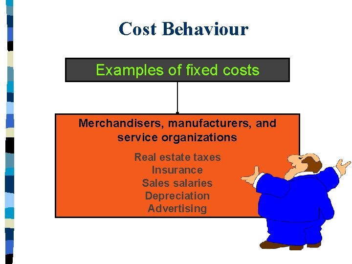 Cost Behaviour Examples of fixed costs Merchandisers, manufacturers, and service organizations Real estate taxes