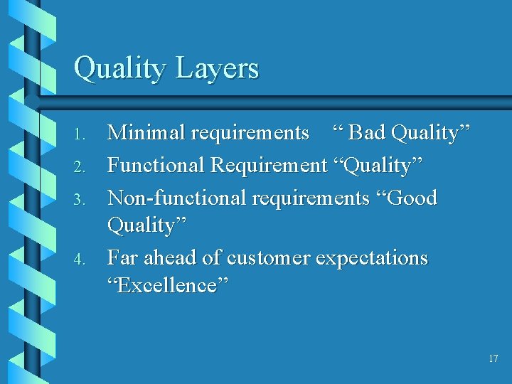 Quality Layers 1. 2. 3. 4. Minimal requirements “ Bad Quality” Functional Requirement “Quality”