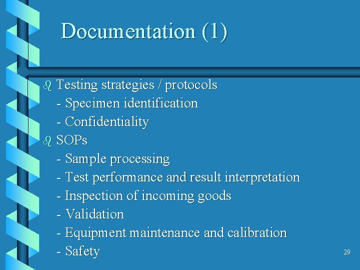 Documentation (1) b Testing strategies / protocols - Specimen identification - Confidentiality b SOPs