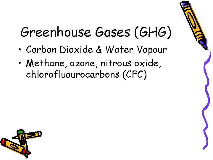 Greenhouse Gases (GHG) • Carbon Dioxide & Water Vapour • Methane, ozone, nitrous oxide,