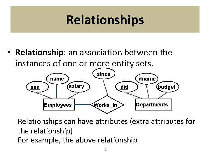 Relationships • Relationship: an association between the instances of one or more entity sets.
