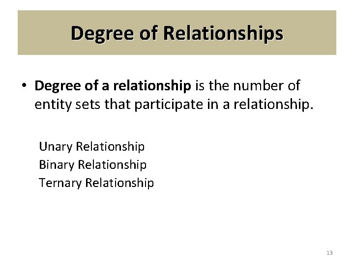 Degree of Relationships • Degree of a relationship is the number of entity sets
