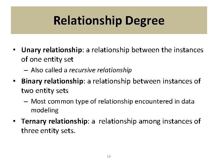 Relationship Degree • Unary relationship: a relationship between the instances of one entity set