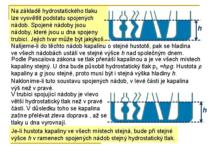 Na základě hydrostatického tlaku lze vysvětlit podstatu spojených nádob. Spojené nádoby jsou h nádoby,