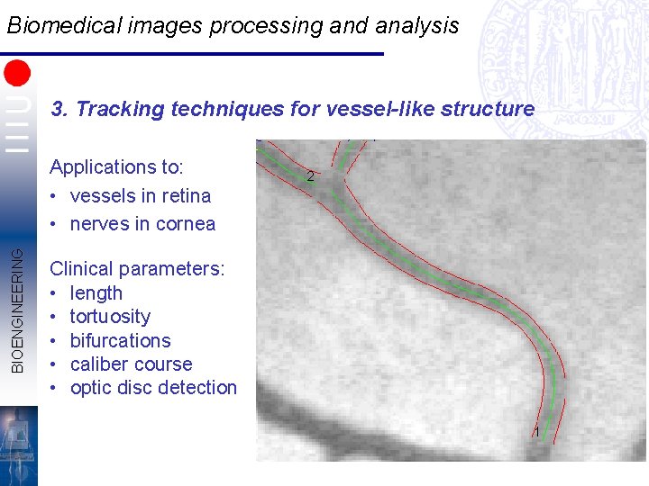 Biomedical images processing and analysis 3. Tracking techniques for vessel-like structure BIOENGINEERING Applications to: