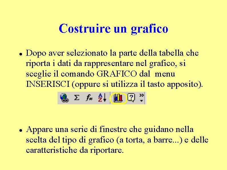 Costruire un grafico Dopo aver selezionato la parte della tabella che riporta i dati