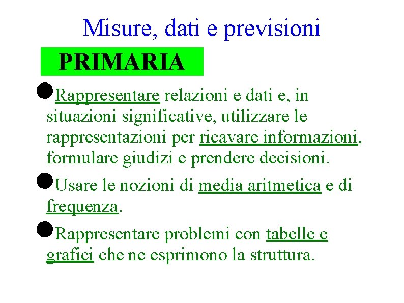 Misure, dati e previsioni PRIMARIA Rappresentare relazioni e dati e, in situazioni significative, utilizzare