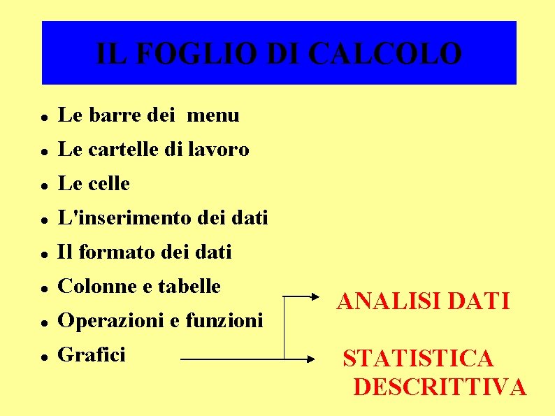 IL FOGLIO DI CALCOLO Le barre dei menu Le cartelle di lavoro Le celle