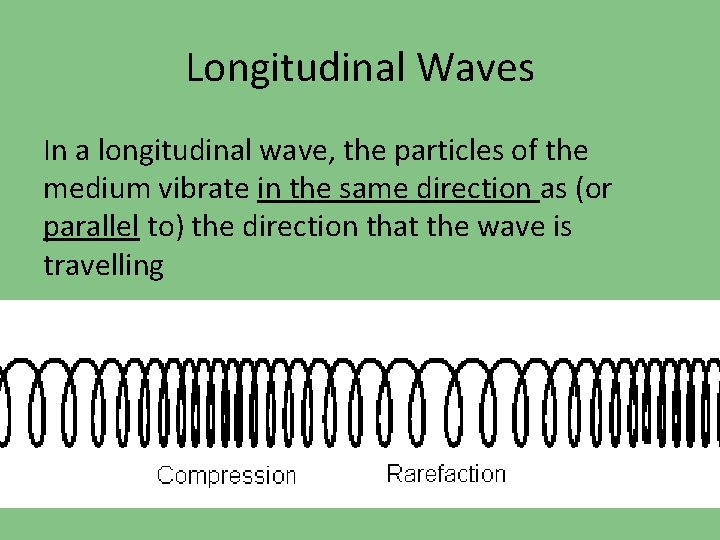 Longitudinal Waves In a longitudinal wave, the particles of the medium vibrate in the