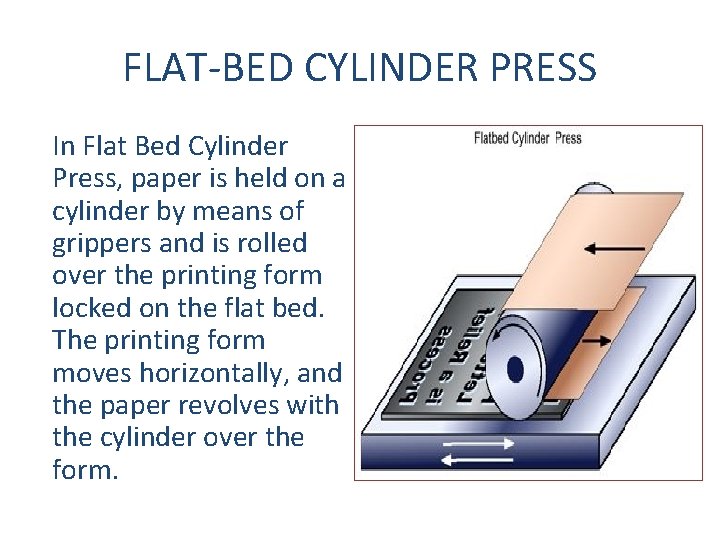 FLAT-BED CYLINDER PRESS In Flat Bed Cylinder Press, paper is held on a cylinder