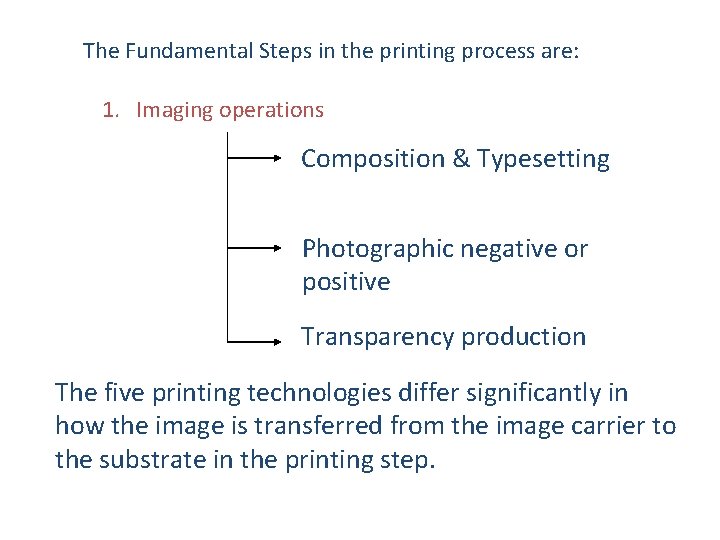 The Fundamental Steps in the printing process are: 1. Imaging operations Composition & Typesetting