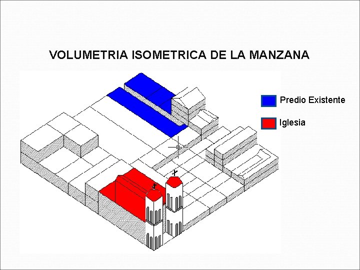 VOLUMETRIA ISOMETRICA DE LA MANZANA Predio Existente Iglesia 