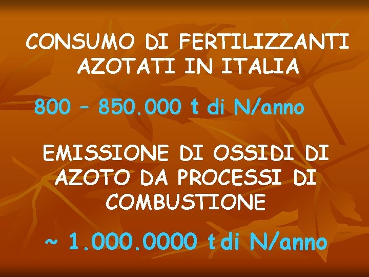 CONSUMO DI FERTILIZZANTI AZOTATI IN ITALIA 800 – 850. 000 t di N/anno EMISSIONE