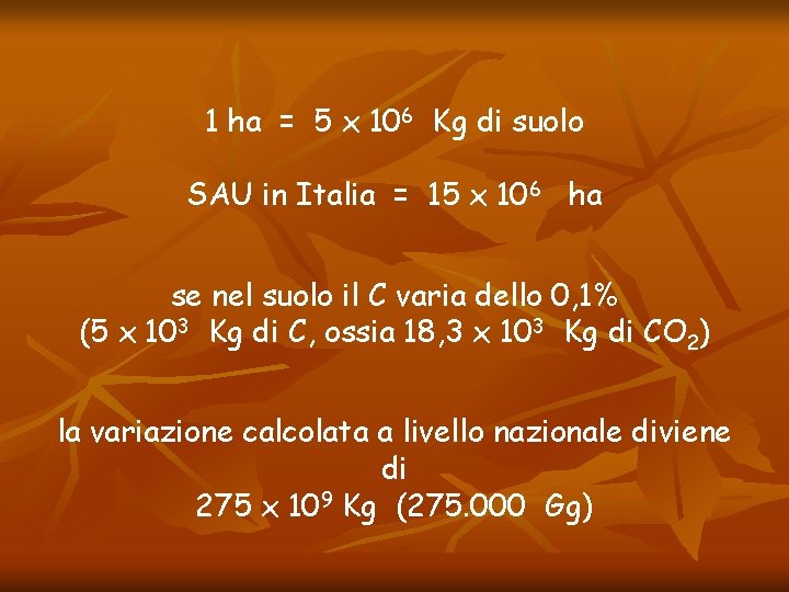 1 ha = 5 x 106 Kg di suolo SAU in Italia = 15