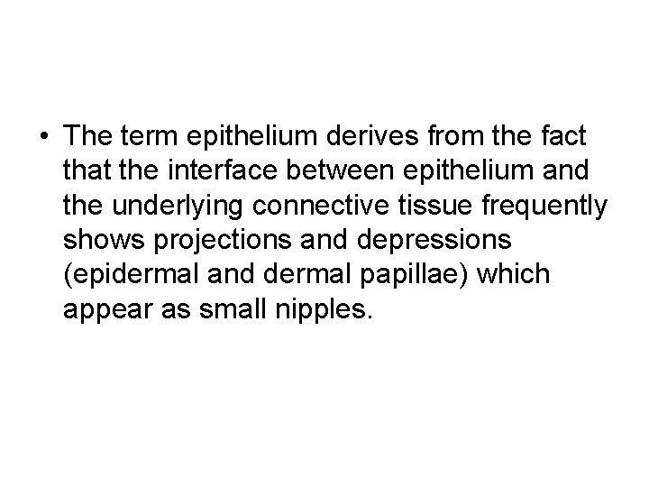  • The term epithelium derives from the fact that the interface between epithelium