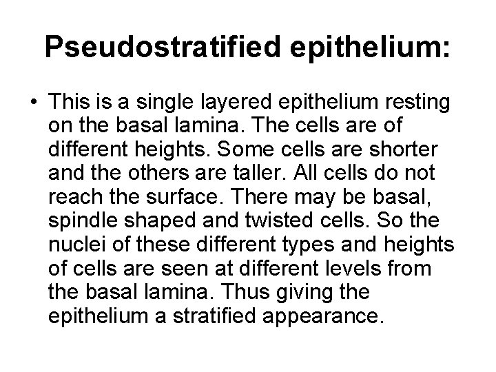 Pseudostratified epithelium: • This is a single layered epithelium resting on the basal lamina.