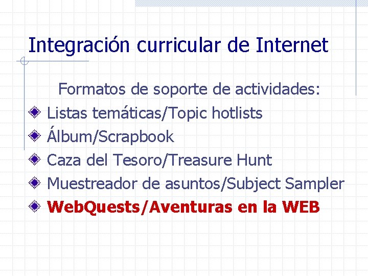 Integración curricular de Internet Formatos de soporte de actividades: Listas temáticas/Topic hotlists Álbum/Scrapbook Caza