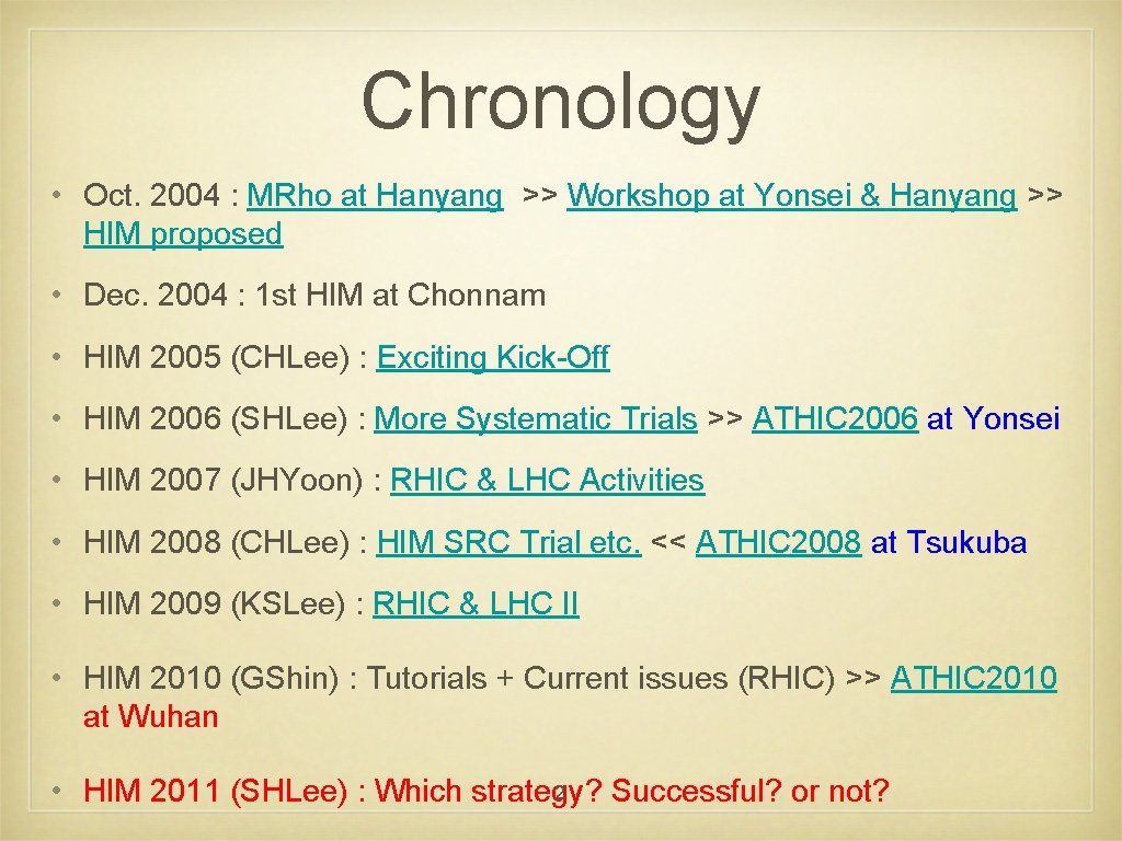 Chronology • Oct. 2004 : MRho at Hanyang >> Workshop at Yonsei & Hanyang