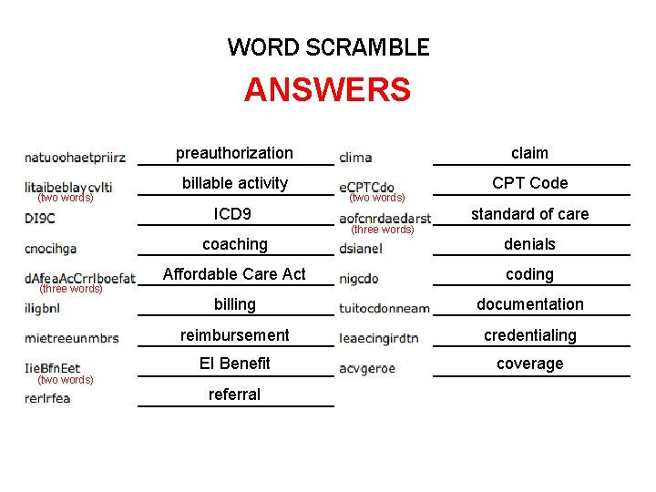 WORD SCRAMBLE ANSWERS (two words) preauthorization claim billable activity CPT Code (two words) ICD
